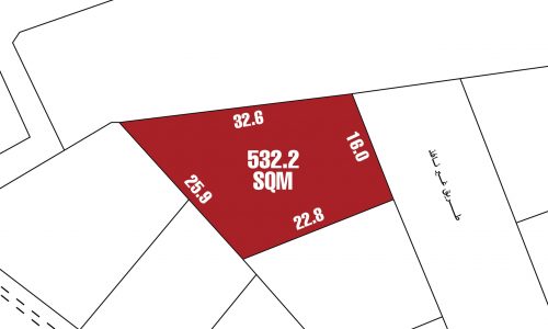 A prime plot of land for sale in Jurdab, outlined in red and measuring 532.2 square meters, with side lengths marked as 32.6, 16.0, 22.8, and 25.9 units.