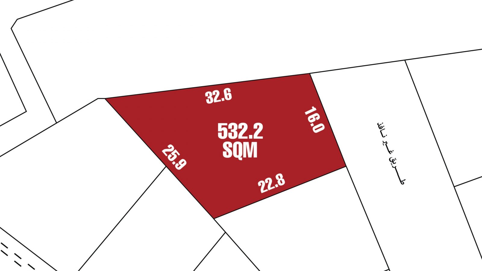 A prime plot of land for sale in Jurdab, outlined in red and measuring 532.2 square meters, with side lengths marked as 32.6, 16.0, 22.8, and 25.9 units.