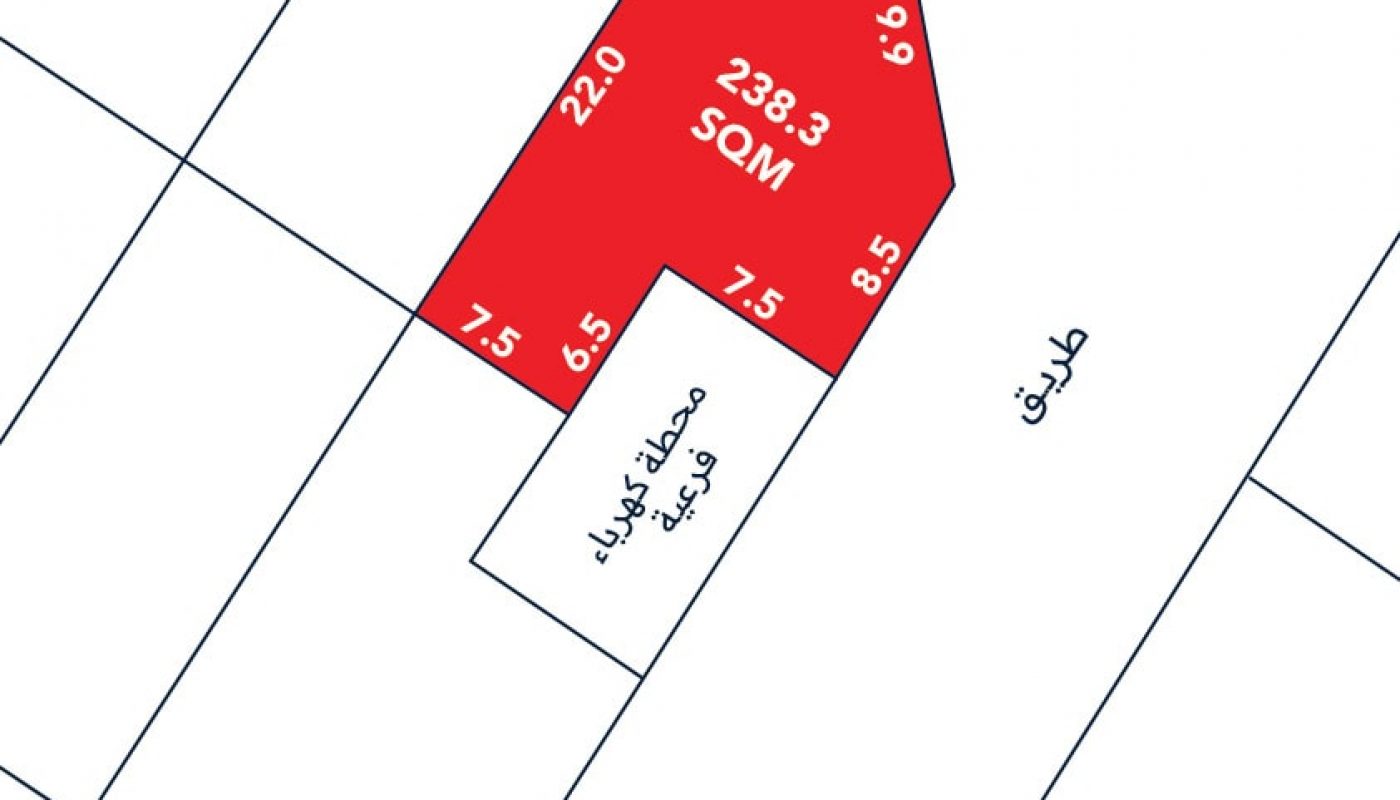 Map showing a plot of land marked in red, labeled as 238.3 SQM. Dimensions are 9.5, 7.1, 7.5, 5.8, and 22.0 meters. Surrounding area has Arabic text and street lines.