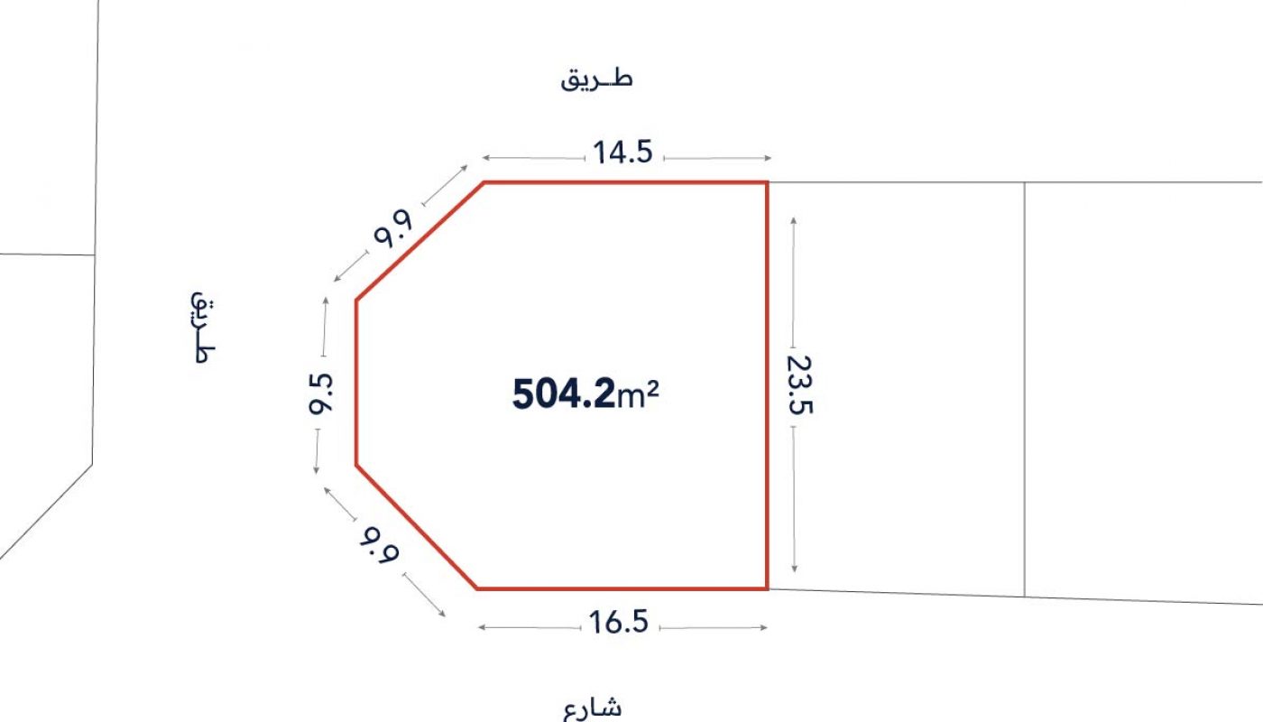 A plot of land outlined in red with labeled dimensions and a total area of 504.2 square meters, bordered by streets and a road.