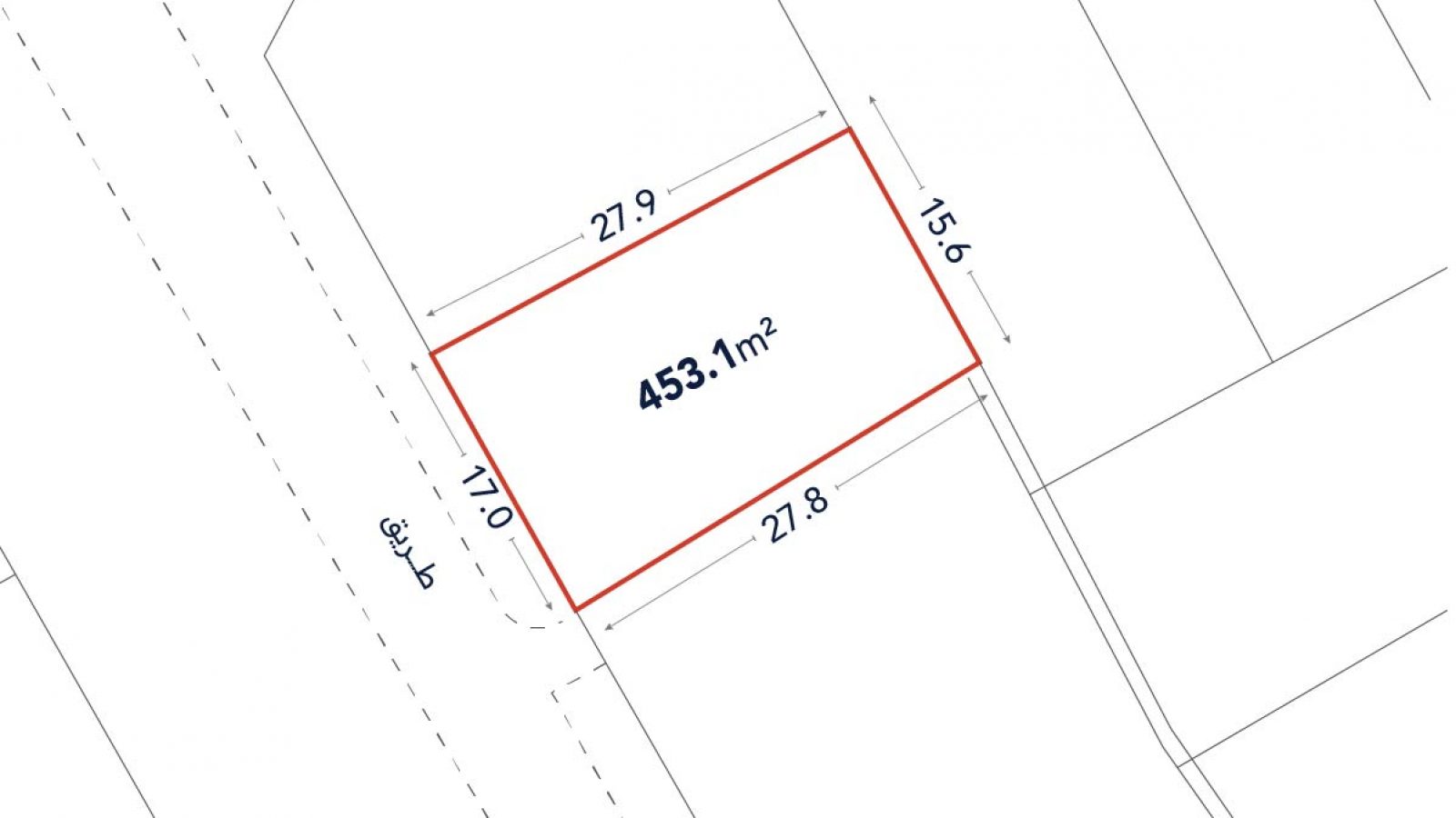 Property plot plan showing a rectangular lot outlined in red, measuring 453.1 square meters with side lengths labeled as 27.9m, 15.6m, 27.8m, and 17.0m.