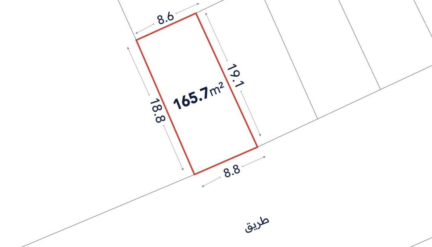 A rectangular land plot with an area of 165.7 square meters; dimensions are 8.8m, 19.1m, 8.6m, and 18.8m. The plot is bordered by a street labeled "طريق".