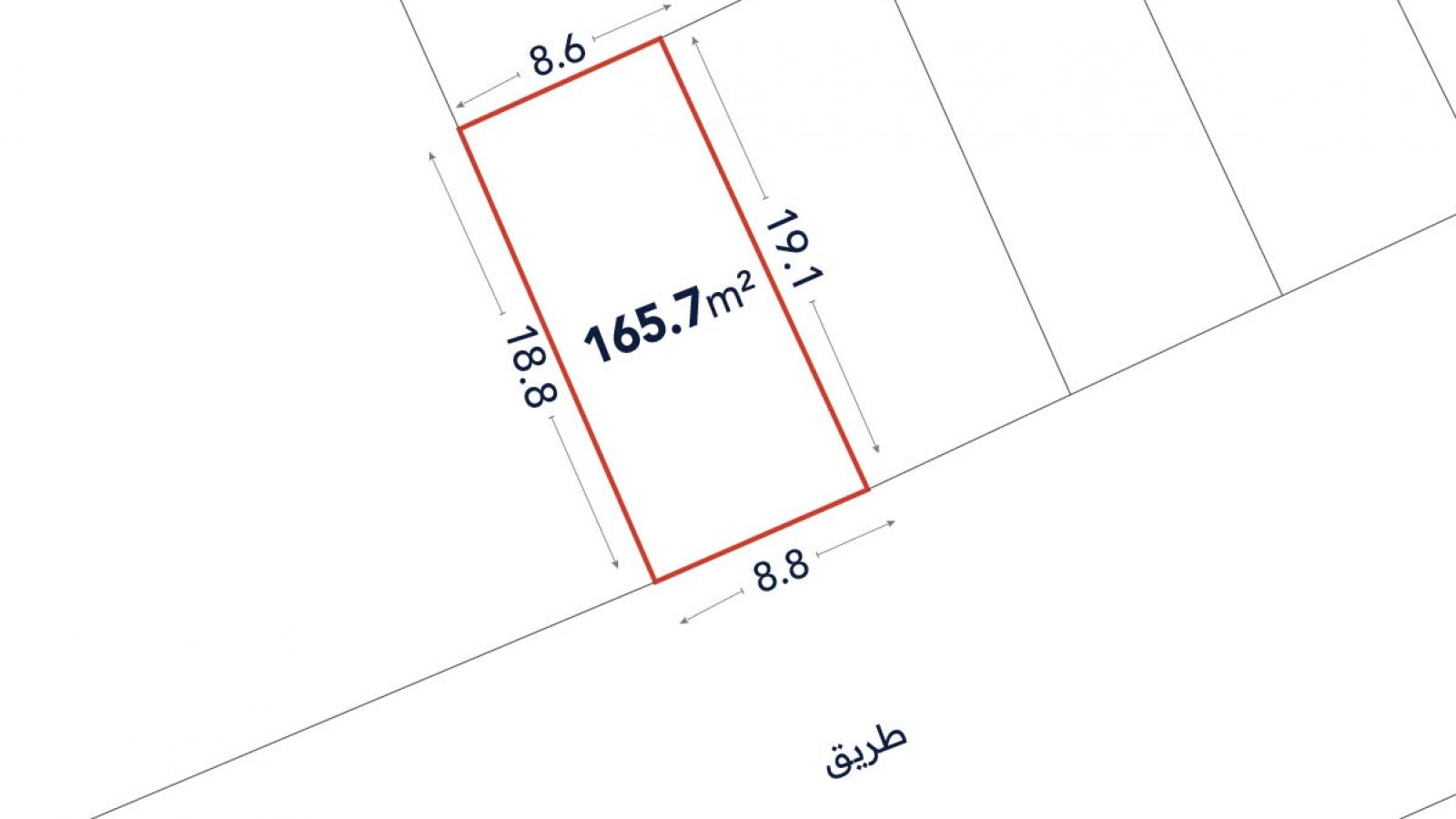 A rectangular land plot with an area of 165.7 square meters; dimensions are 8.8m, 19.1m, 8.6m, and 18.8m. The plot is bordered by a street labeled "طريق".