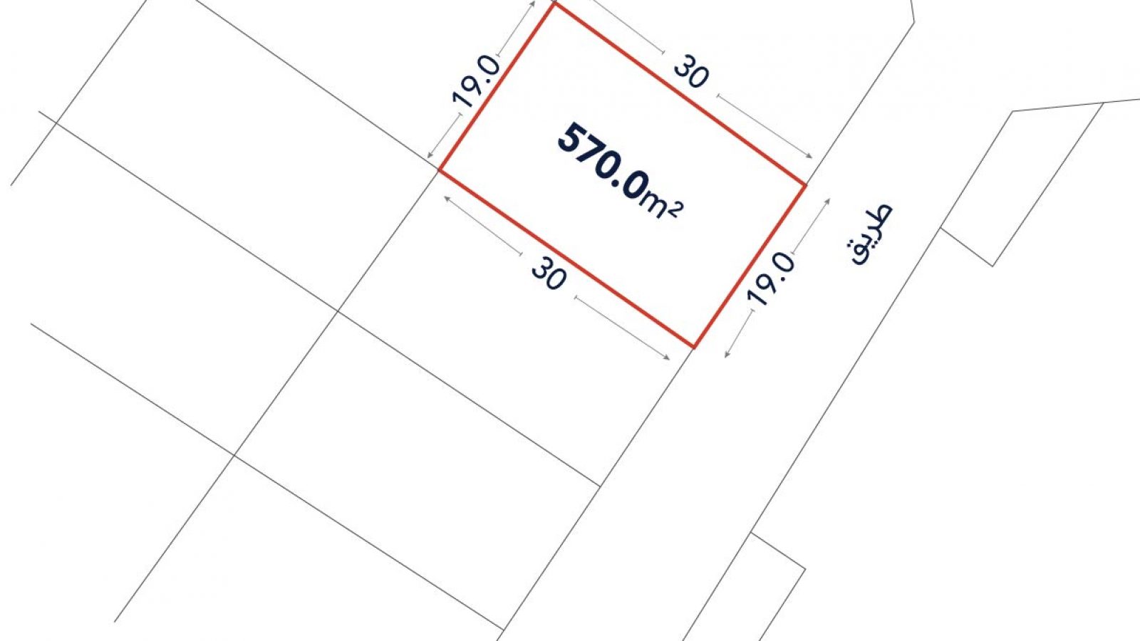 A plot map showing a rectangular land parcel outlined in red, labeled 570.0 m², with dimensions 30m by 19m, adjacent to a street labeled in Arabic.