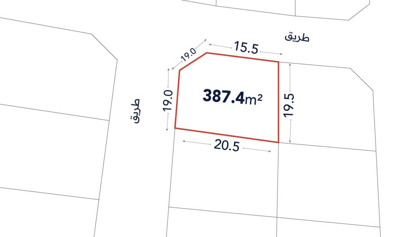 A plot of land outlined in red with area 387.4 square meters, showing side lengths of 15.5m, 19.5m, 20.5m, and 19.0m, bordered by streets labeled "طريق".