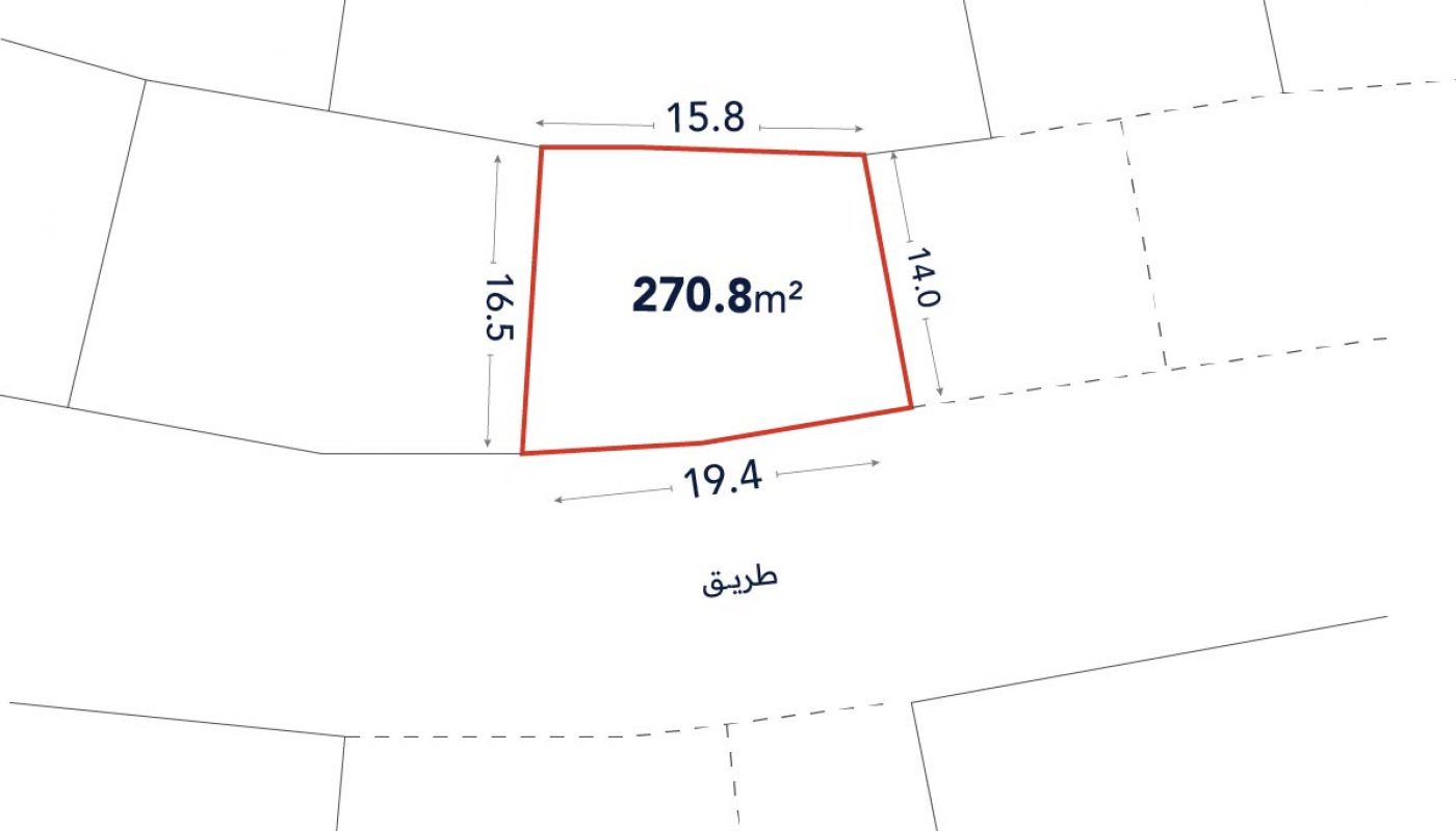 A plot of land outlined in red, labeled 270.8 m², with side lengths of 15.8 m, 14.0 m, 19.4 m, and 16.5 m; adjacent to a street labeled "طريق".