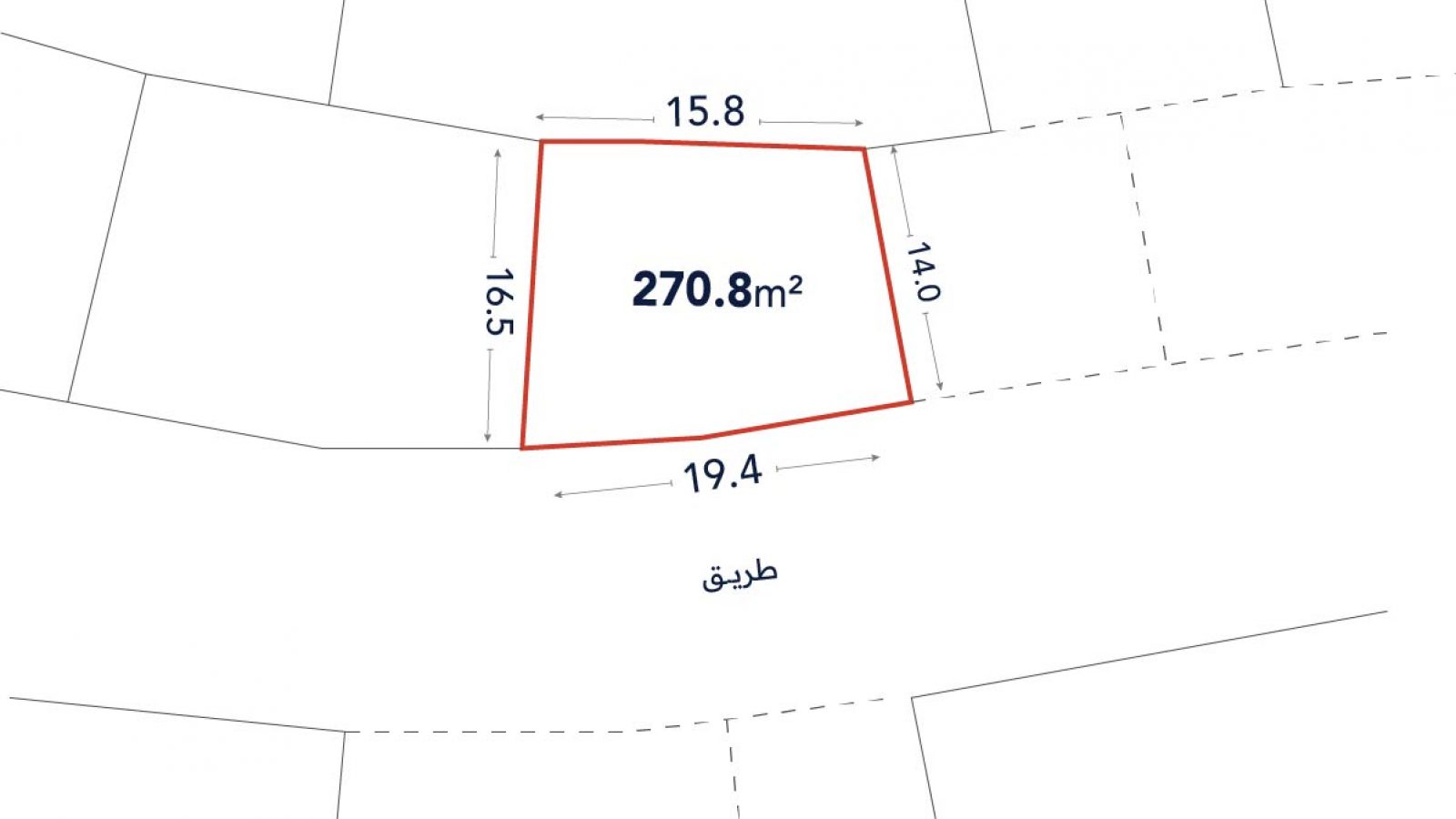 A plot of land outlined in red, labeled 270.8 m², with side lengths of 15.8 m, 14.0 m, 19.4 m, and 16.5 m; adjacent to a street labeled "طريق".