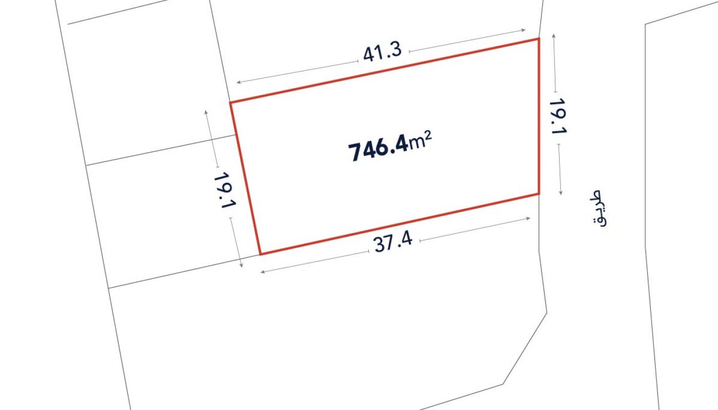 A rectangular plot outlined in red measures 746.4 square meters, with sides labeled 41.3 m, 37.4 m, 19.1 m, and 19.1 m.