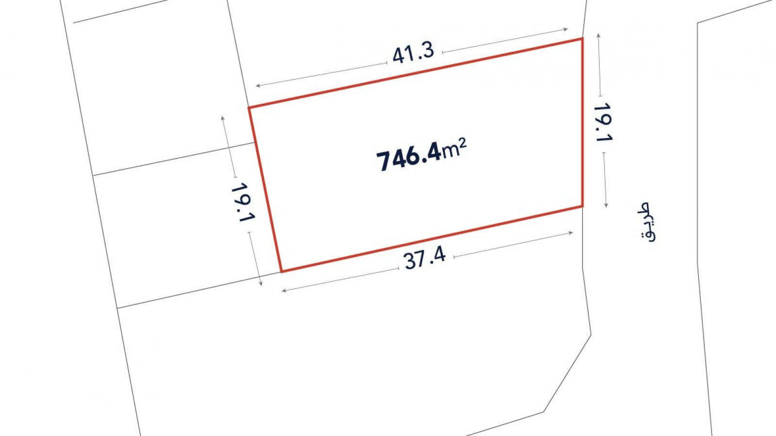 A rectangular plot outlined in red measures 746.4 square meters, with sides labeled 41.3 m, 37.4 m, 19.1 m, and 19.1 m.
