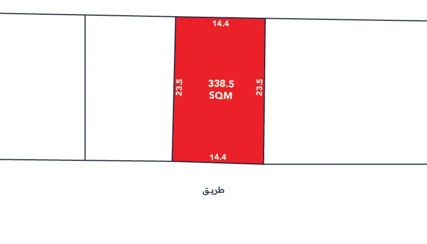 A rectangular plot labeled "338.5 SQM" with dimensions 14.4m by 23.5m highlighted in red, bordered by roads on the top and bottom sides.