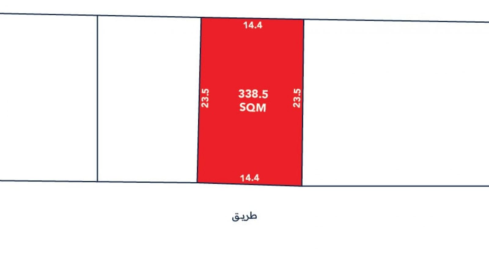 A rectangular plot labeled "338.5 SQM" with dimensions 14.4m by 23.5m highlighted in red, bordered by roads on the top and bottom sides.