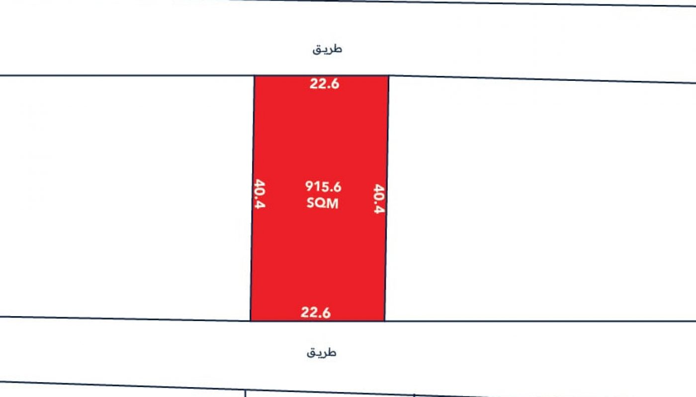 Map section showing a red rectangle labeled "915.6 SQM" with dimensions of 40.4 by 22.6, bordered by two horizontal paths labeled in Arabic.