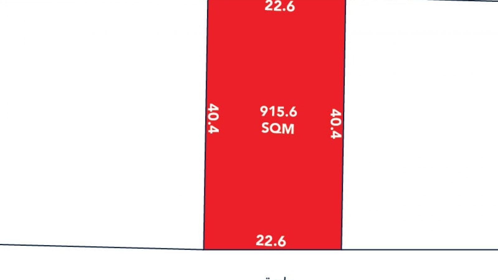 Diagram showing a red rectangular land plot measuring 915.6 square meters. Dimensions are labeled as 22.6m by 40.4m on each side.