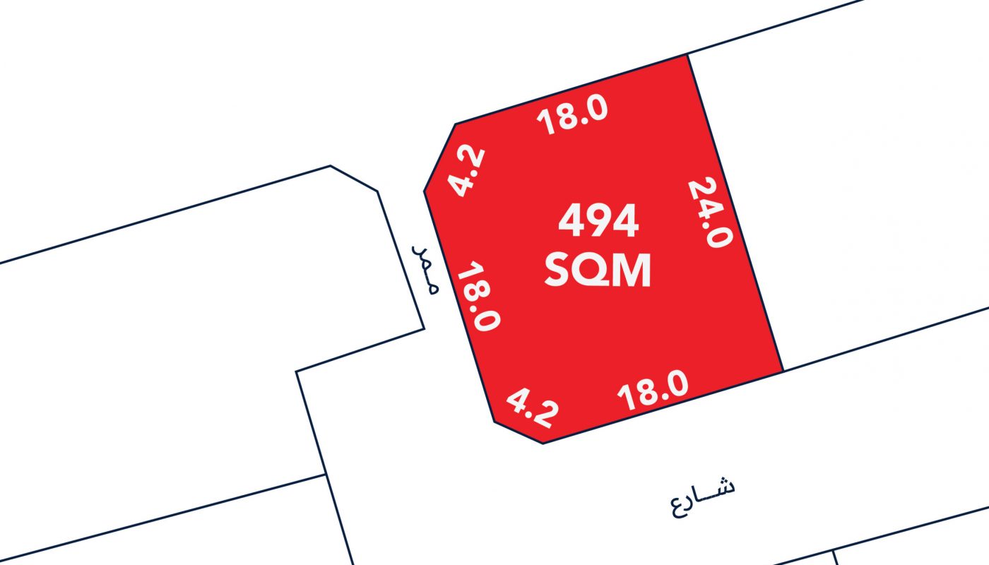 A plot of land marked 494 SQM in red, with side lengths labeled 24.0m, 18.0m, 4.2m, and 18.0m, bordered by streets on three sides.