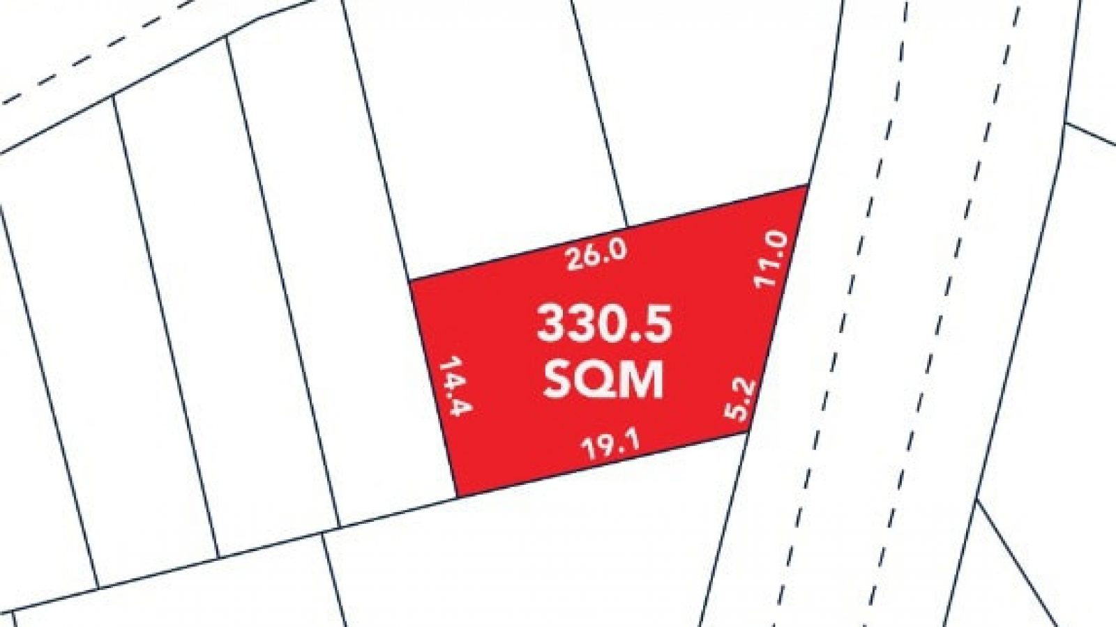 A plot of land, outlined in red, measures 330.5 square meters with labeled side lengths of 26.0, 11.0, 5.2, 19.1, and 14.4 meters, set among adjacent plots and roads.
