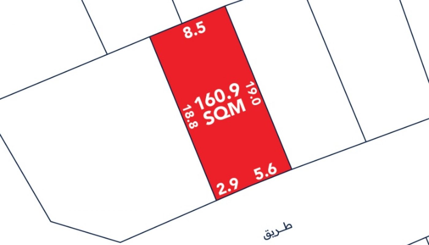 A rectangular plot outlined in red, labeled "160.9 SQM," with boundary measurements of 8.5, 18.8, 2.9, 5.6, and 19.0 meters, adjacent to a road labeled "طريق.