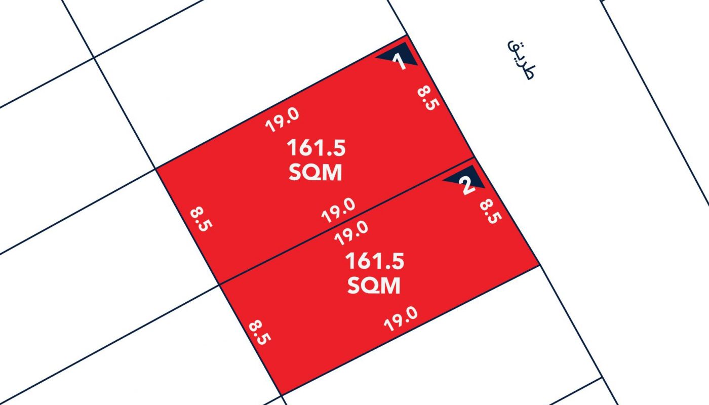 A diagram showing two adjacent rectangular land plots, each labeled 161.5 SQM, 19.0 by 8.5 meters, bordered by a street on the right.