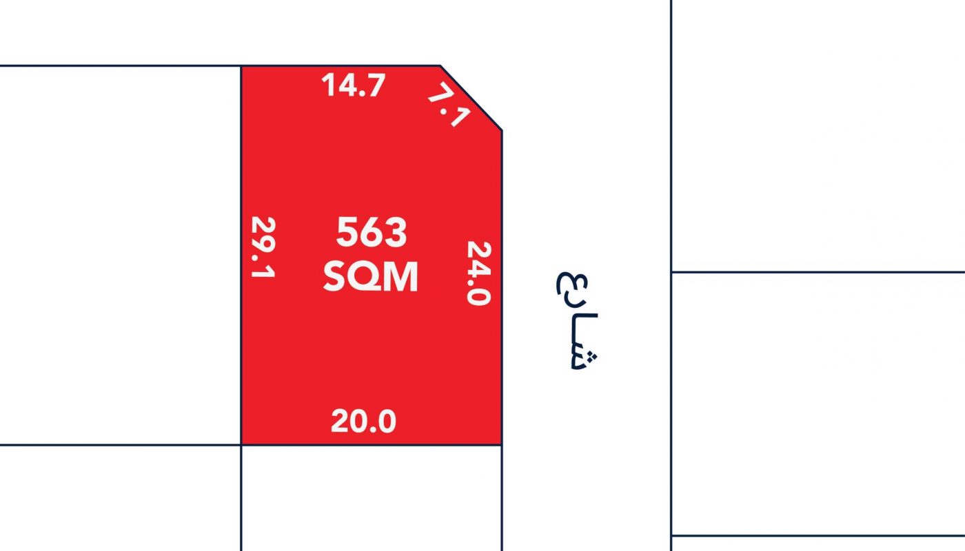 A red rectangular plot labeled 563 SQM with side lengths marked in meters, situated at a corner bordered by two streets labeled in Arabic.