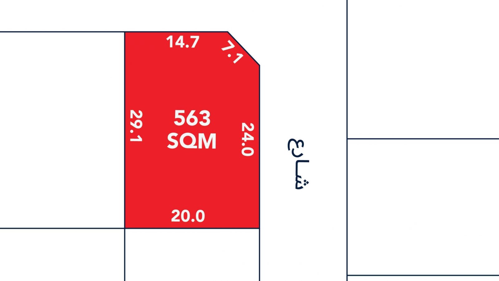 A red rectangular plot labeled 563 SQM with side lengths marked in meters, situated at a corner bordered by two streets labeled in Arabic.