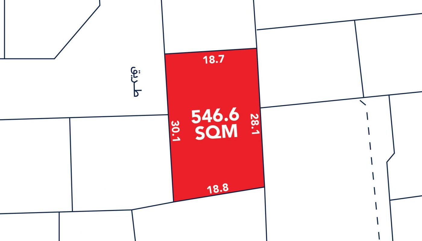 A rectangular plot of land highlighted in red, labeled "546.6 SQM," with side lengths of 18.7m, 30.1m, 18.8m, and 28.1m, surrounded by other plots and streets.