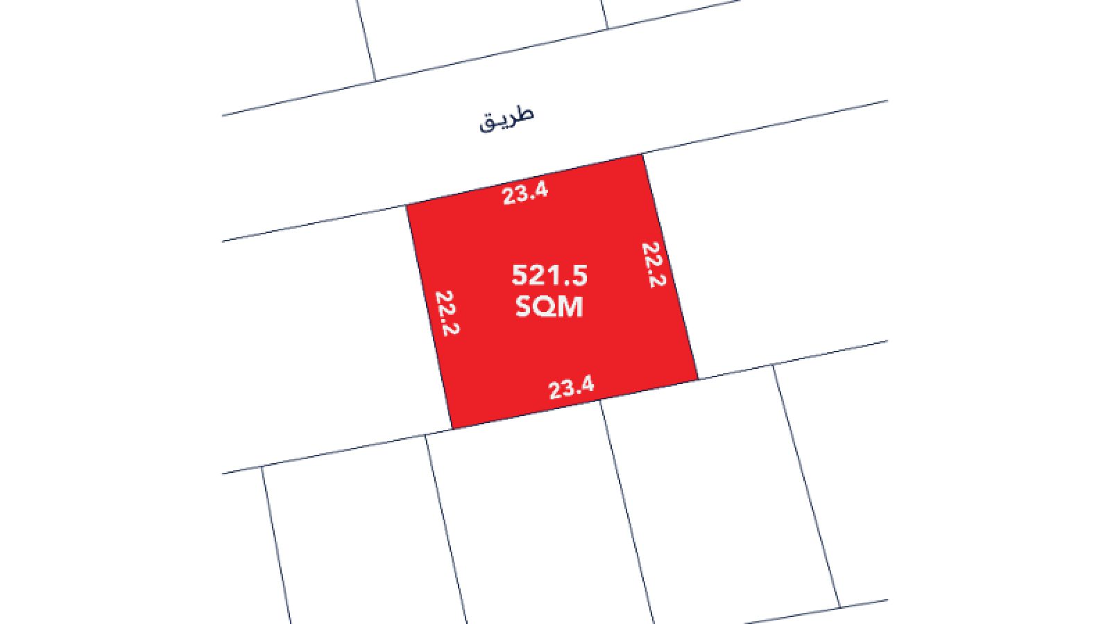 A red rectangular plot labeled "521.5 SQM" with side lengths 23.4m and 22.2m, bordered by a road at the top, shown on a simple site plan.