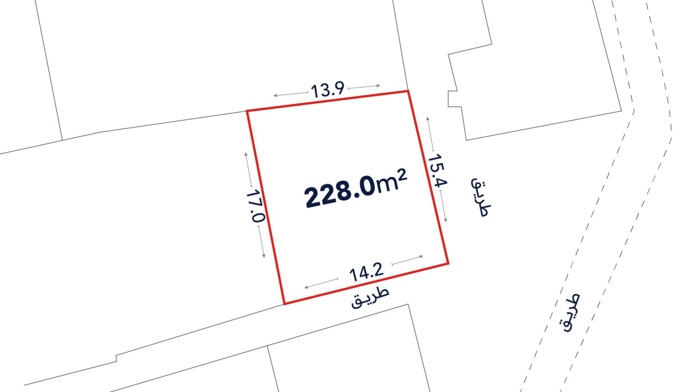 A plot map showing a rectangular land area of 228.0 m² with side lengths labeled as 13.9 m, 15.4 m, 14.2 m, and 17.0 m, bordered by roads.