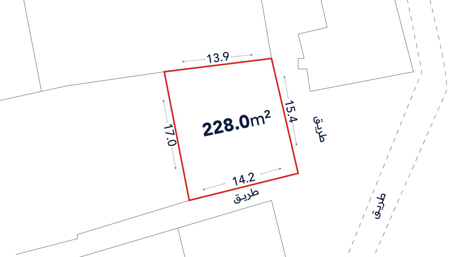A plot map showing a rectangular land area of 228.0 m² with side lengths labeled as 13.9 m, 15.4 m, 14.2 m, and 17.0 m, bordered by roads.