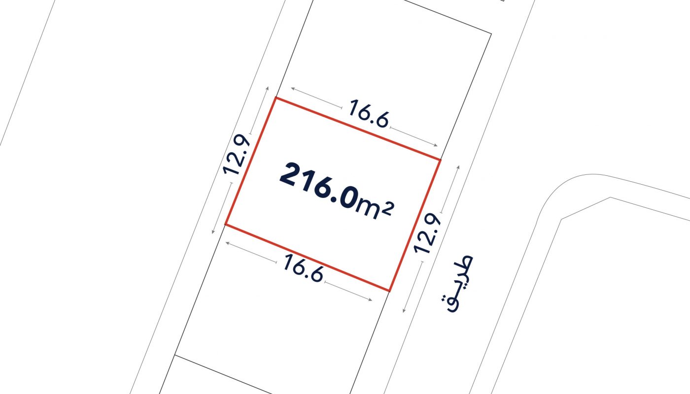 A rectangular plot outlined in red, labeled 216.0 m², with sides measuring 16.6 m and 12.9 m, adjacent to a road labeled “طريق.”.