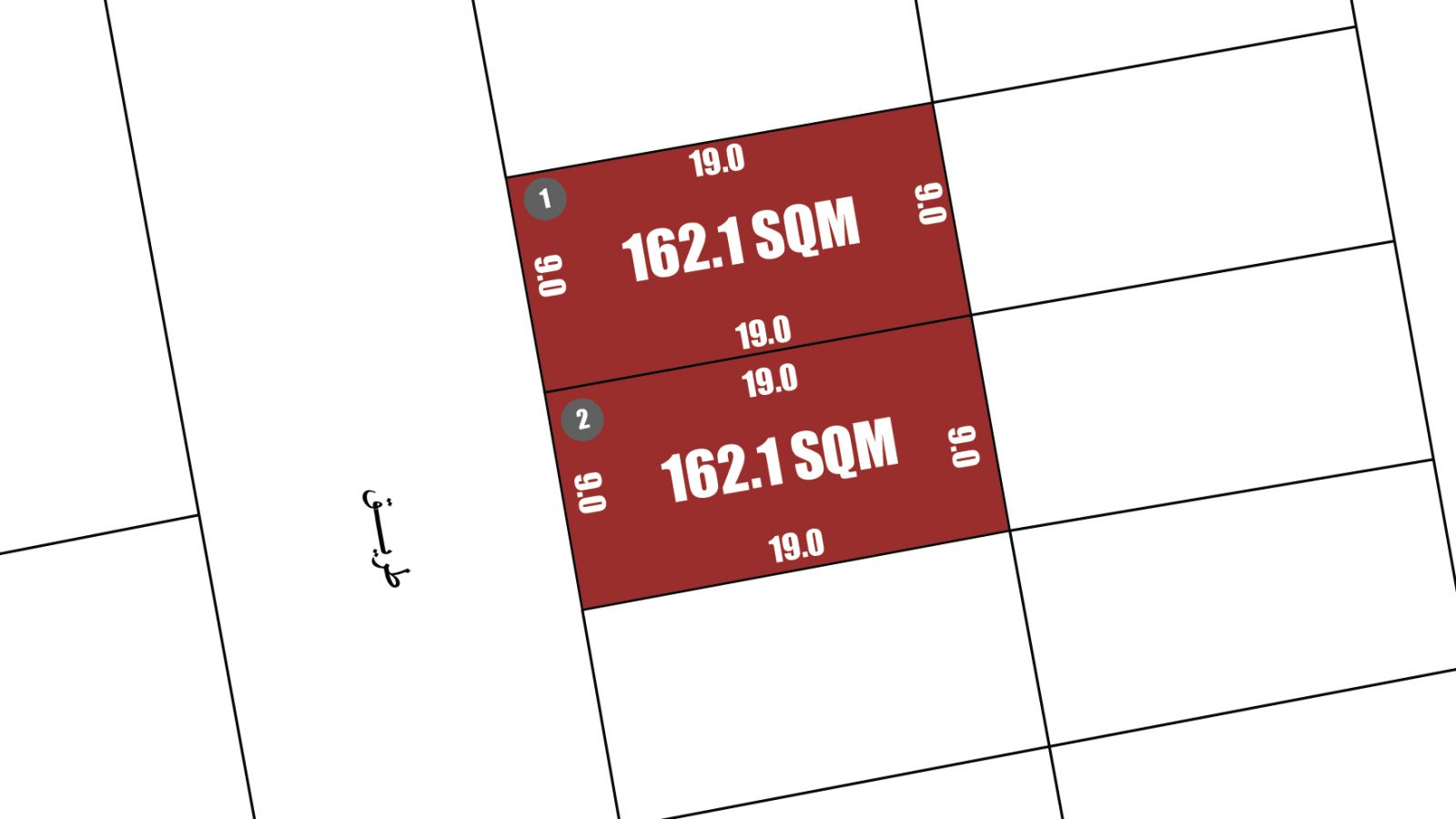 Two adjacent rectangular lots, each labeled "162.1 SQM" with dimensions 9.0m by 19.0m, are highlighted in red on a plot map.