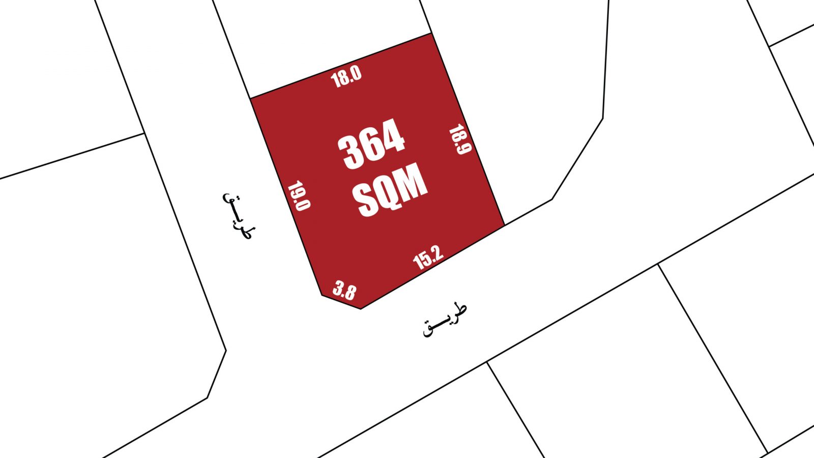 A plot map highlights a 364 square meter lot with side lengths labeled in meters; the plot is bordered by two roads labeled in Arabic.