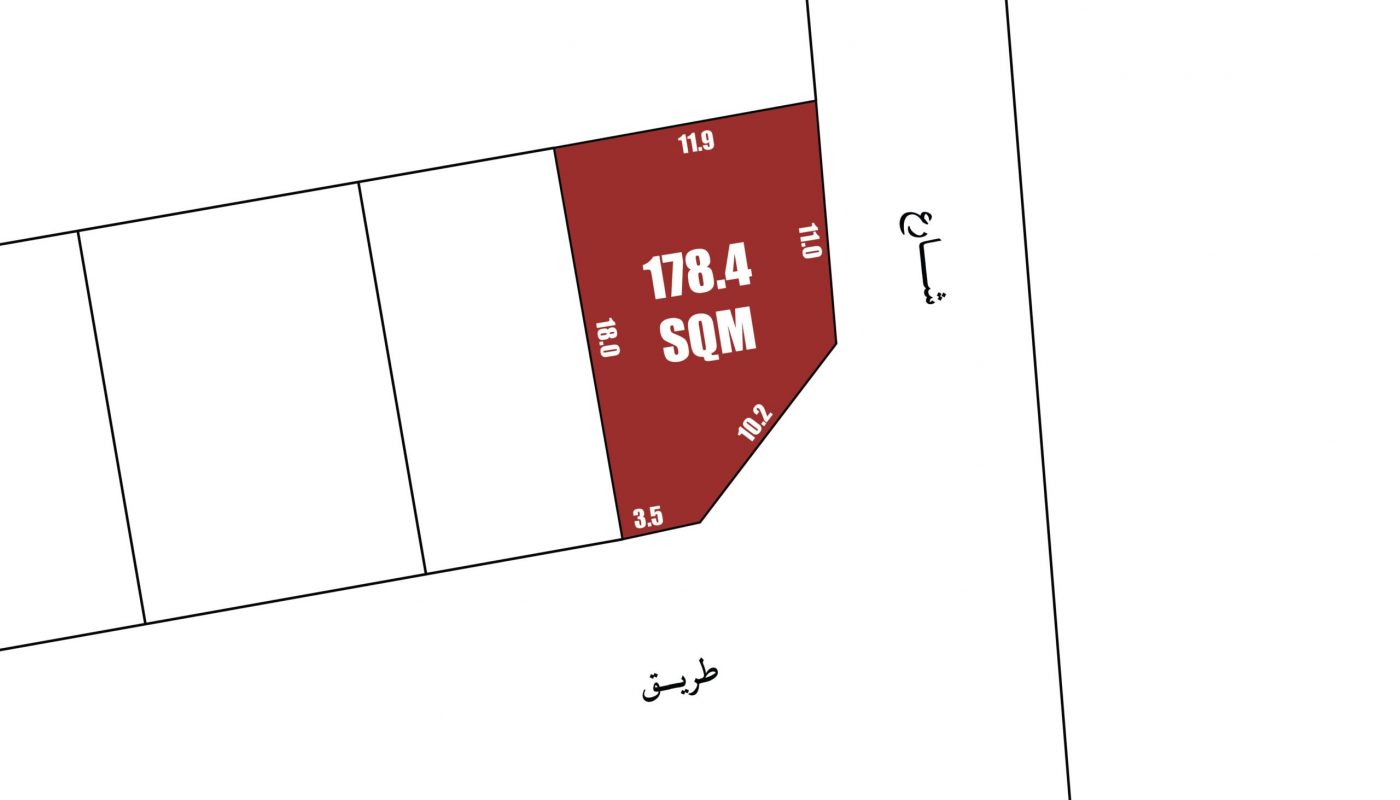 Plot plan featuring a red corner plot labeled "178.4 SQM" with dimensions noted on each side: 11.9, 18.0, 3.5, and 10.2. Adjacent plots are outlined, streets labeled in Arabic.