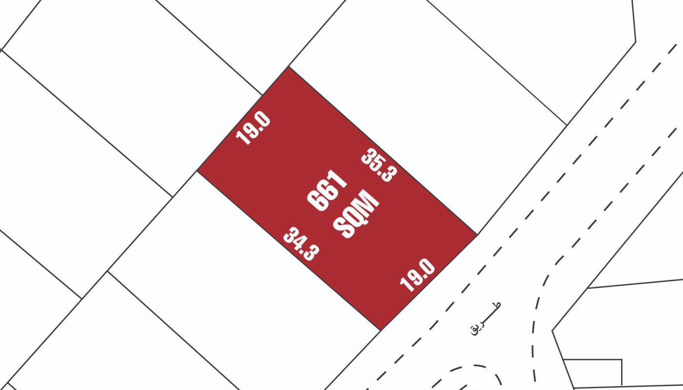 A rectangular plot labeled 661 SQM is highlighted in red, with dimensions 19.0m by 34.3m, bordered by roads and adjacent plots on a site map.