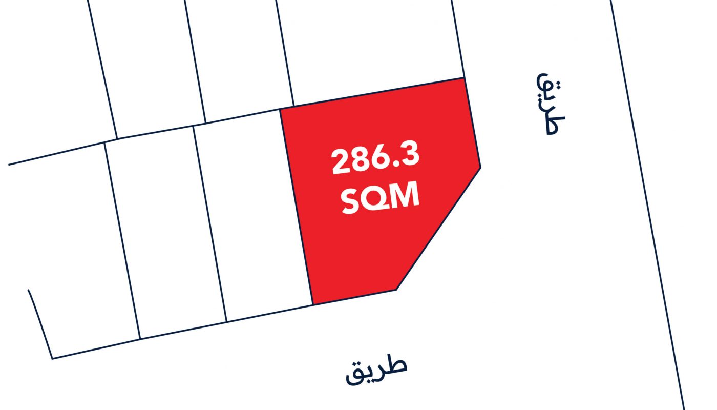 A red land plot labeled "286.3 SQM" on a map; adjacent areas are outlined, with Arabic text for "street" and "neighbor.