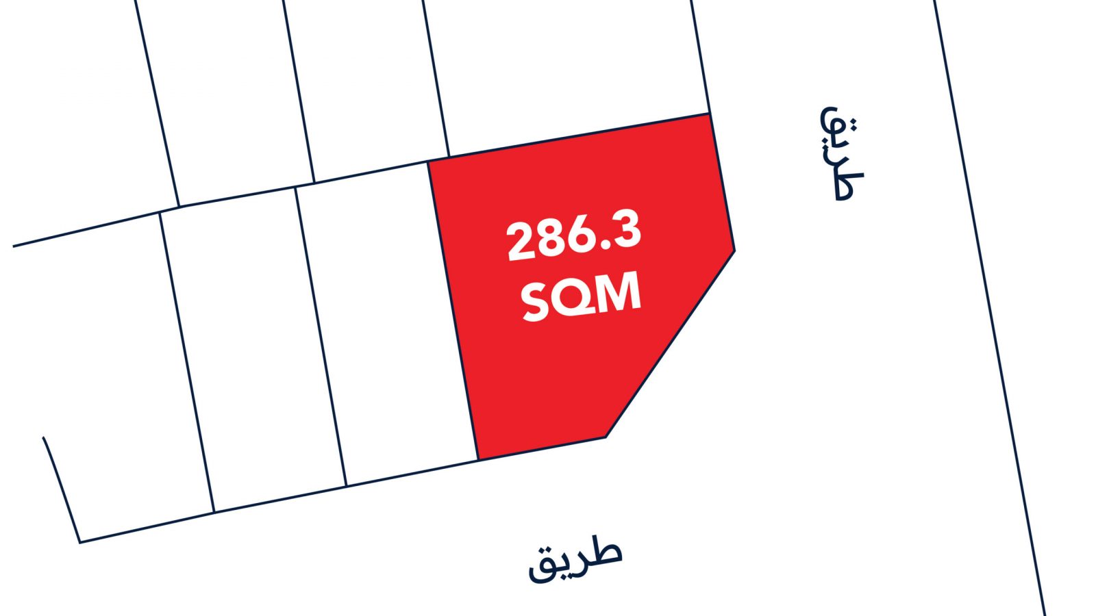 A red land plot labeled "286.3 SQM" on a map; adjacent areas are outlined, with Arabic text for "street" and "neighbor.