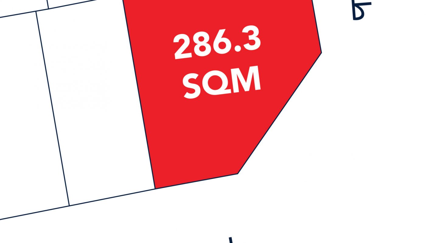 A red-highlighted plot labeled "286.3 SQM" is shown on a site map, bordered by two roads with Arabic text.