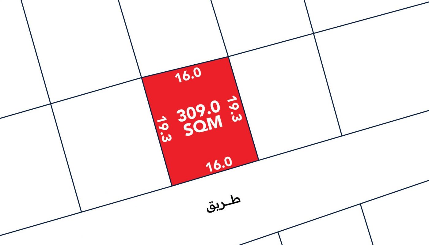 A rectangular land plot labeled 309.0 SQM in red, with dimensions 16.0 by 19.3 meters, bordered by a road labeled "طريق" at the bottom.