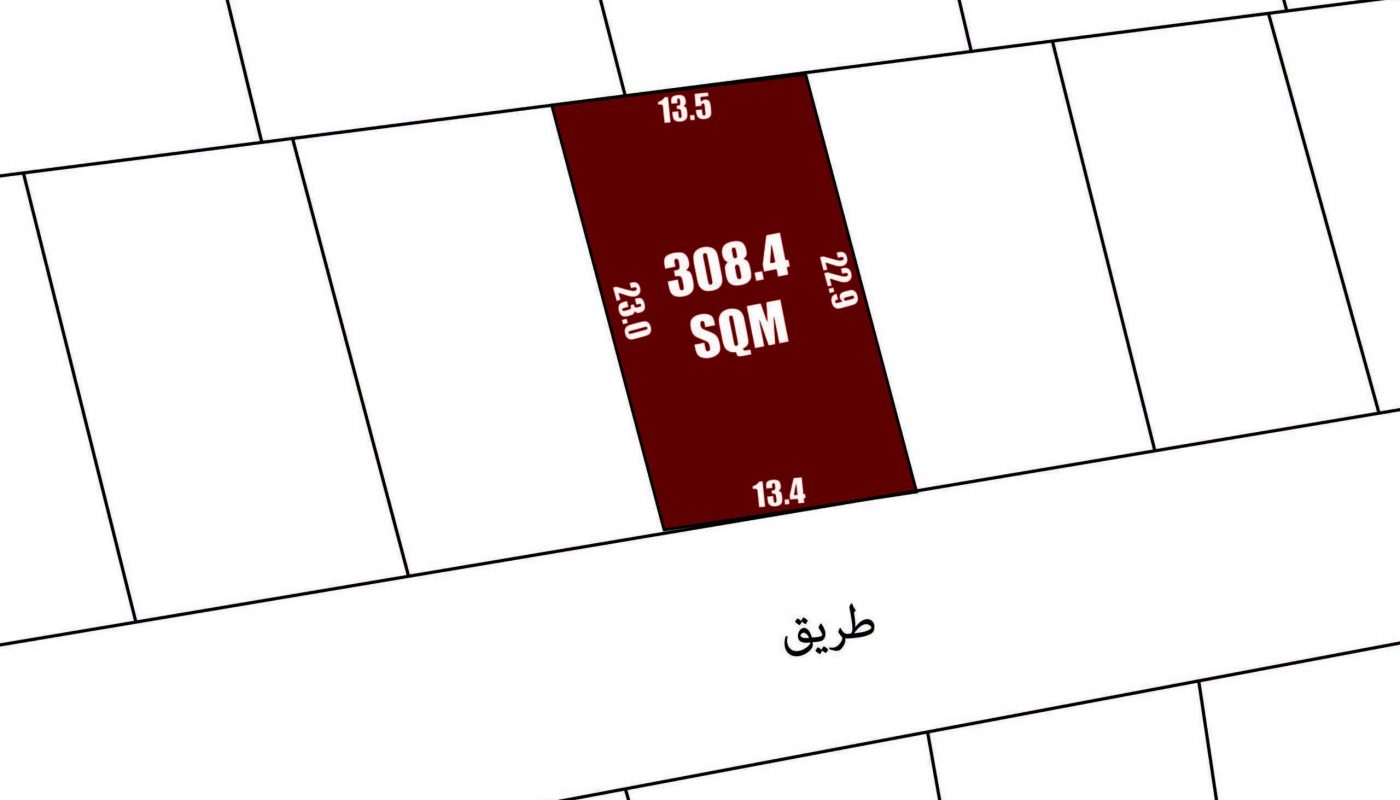 A land plot map showing a red rectangular area labeled "308.4 SQM" with dimensions 13.4m, 22.9m, 13.5m, and 23.0m. The plot is adjacent to a road labeled in Arabic.