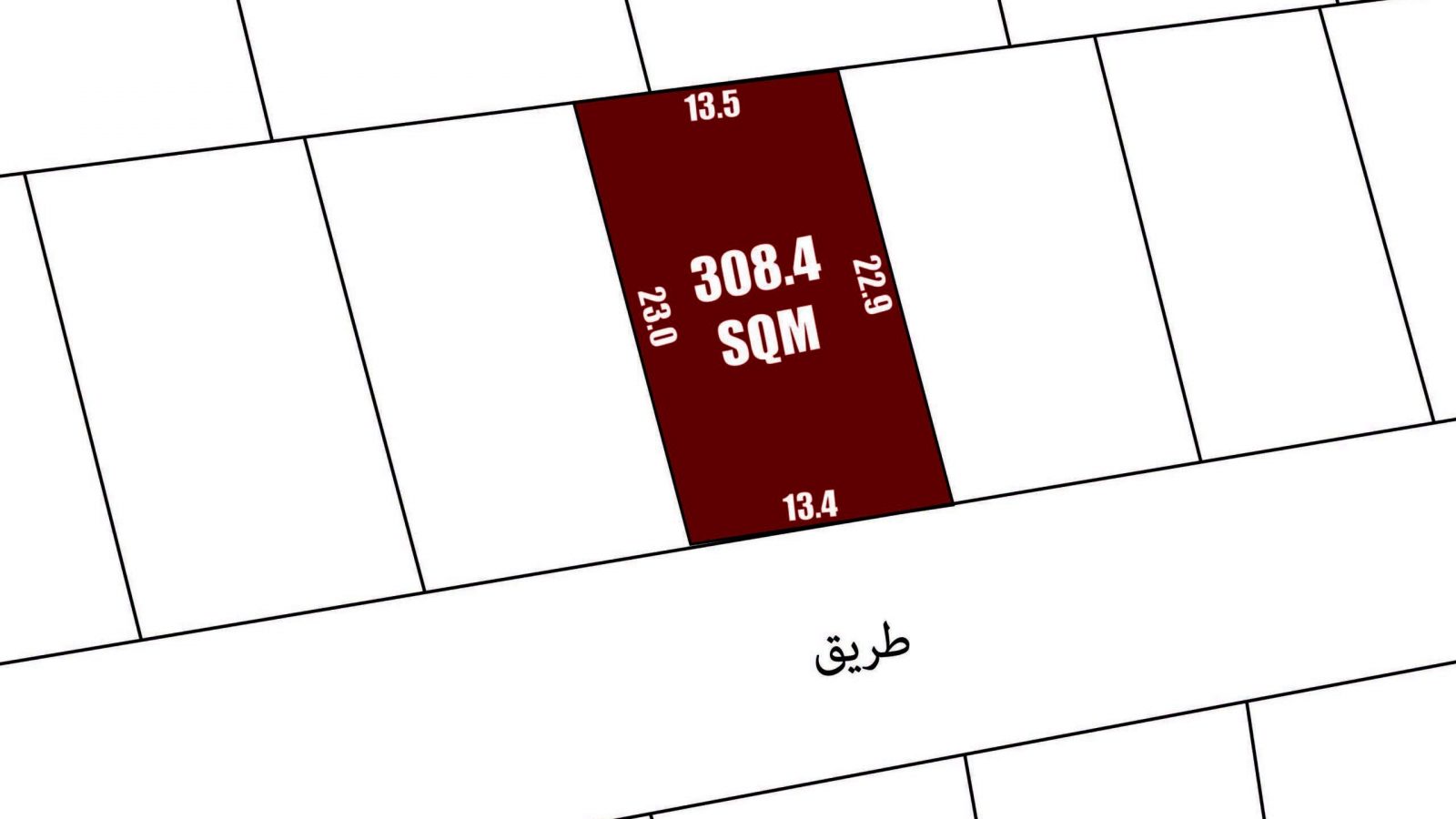 A land plot map showing a red rectangular area labeled "308.4 SQM" with dimensions 13.4m, 22.9m, 13.5m, and 23.0m. The plot is adjacent to a road labeled in Arabic.