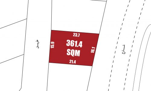 Map section showing a red plot marked "361.4 SQM" with dimensions 23.7, 15.9, 21.4, 16.1 surrounded by white space and dashed lines on the right.