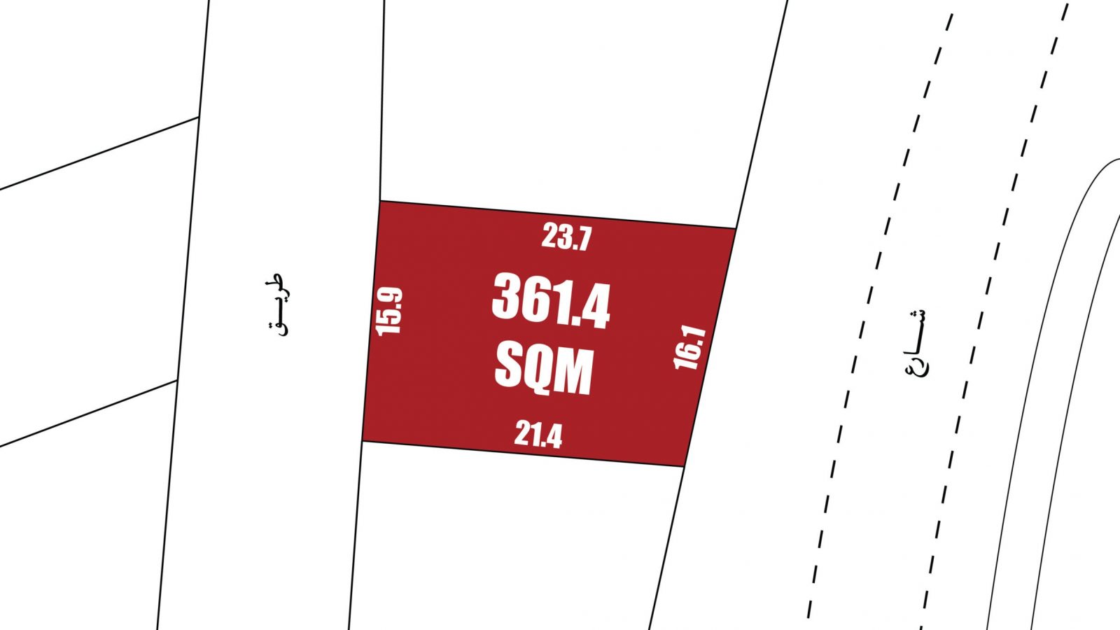 Map section showing a red plot marked "361.4 SQM" with dimensions 23.7, 15.9, 21.4, 16.1 surrounded by white space and dashed lines on the right.