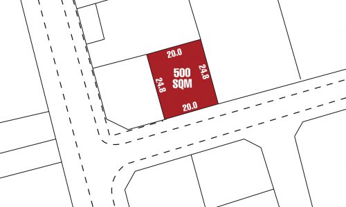 A plot map showing a rectangular lot measuring 500 square meters, with a 20m width and 24.8m length, positioned at an intersection in the prime location of Al Qurayyah Area. Ideal land for sale.