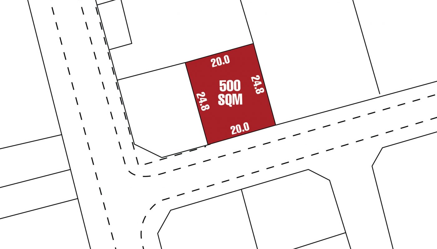 A plot map showing a rectangular lot measuring 500 square meters, with a 20m width and 24.8m length, positioned at an intersection in the prime location of Al Qurayyah Area. Ideal land for sale.