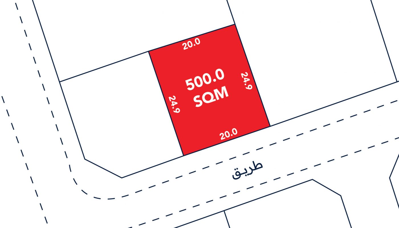 A rectangular plot highlighted in red with an area of 500.0 SQM and dimensions 20.0 by 24.9, bordered by roads and adjacent plots.