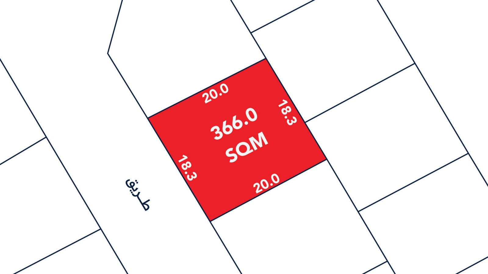 A red rectangle labeled "366.0 SQM" on a plot map, with adjacent plots outlined in white. Dimensions are marked as 18.3m and 20.0m on the sides. Arabic text is present on the left.