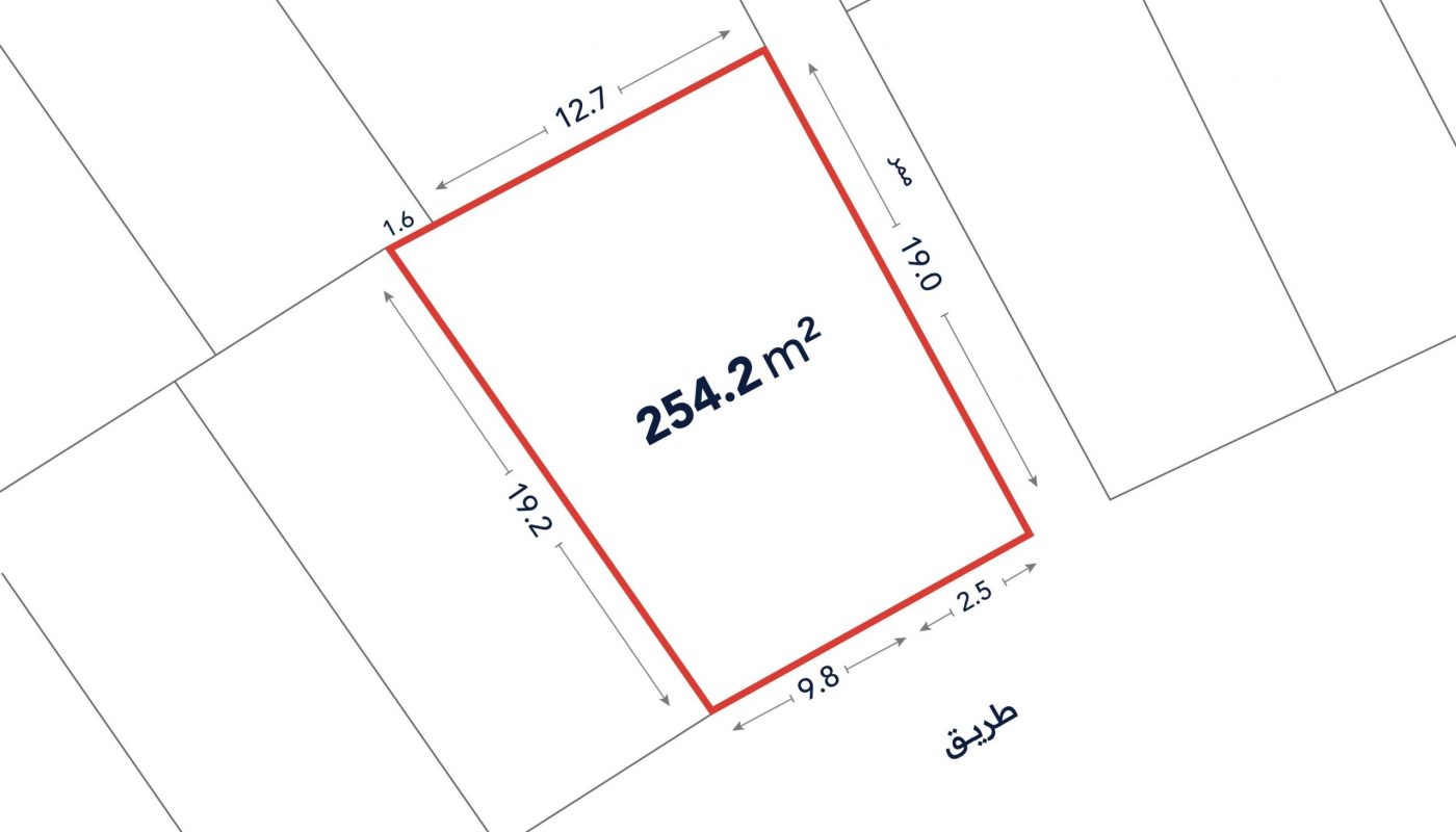 A rectangular land plot outlined in red, labeled 254.2 m², with side lengths marked in meters; one side faces a street labeled "طريق" (Arabic for "road").