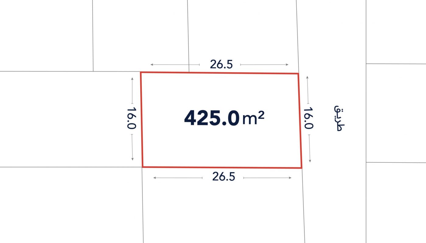 A rectangular plot measuring 425.0 square meters with dimensions 26.5 meters by 16.0 meters, outlined in red on a site plan.