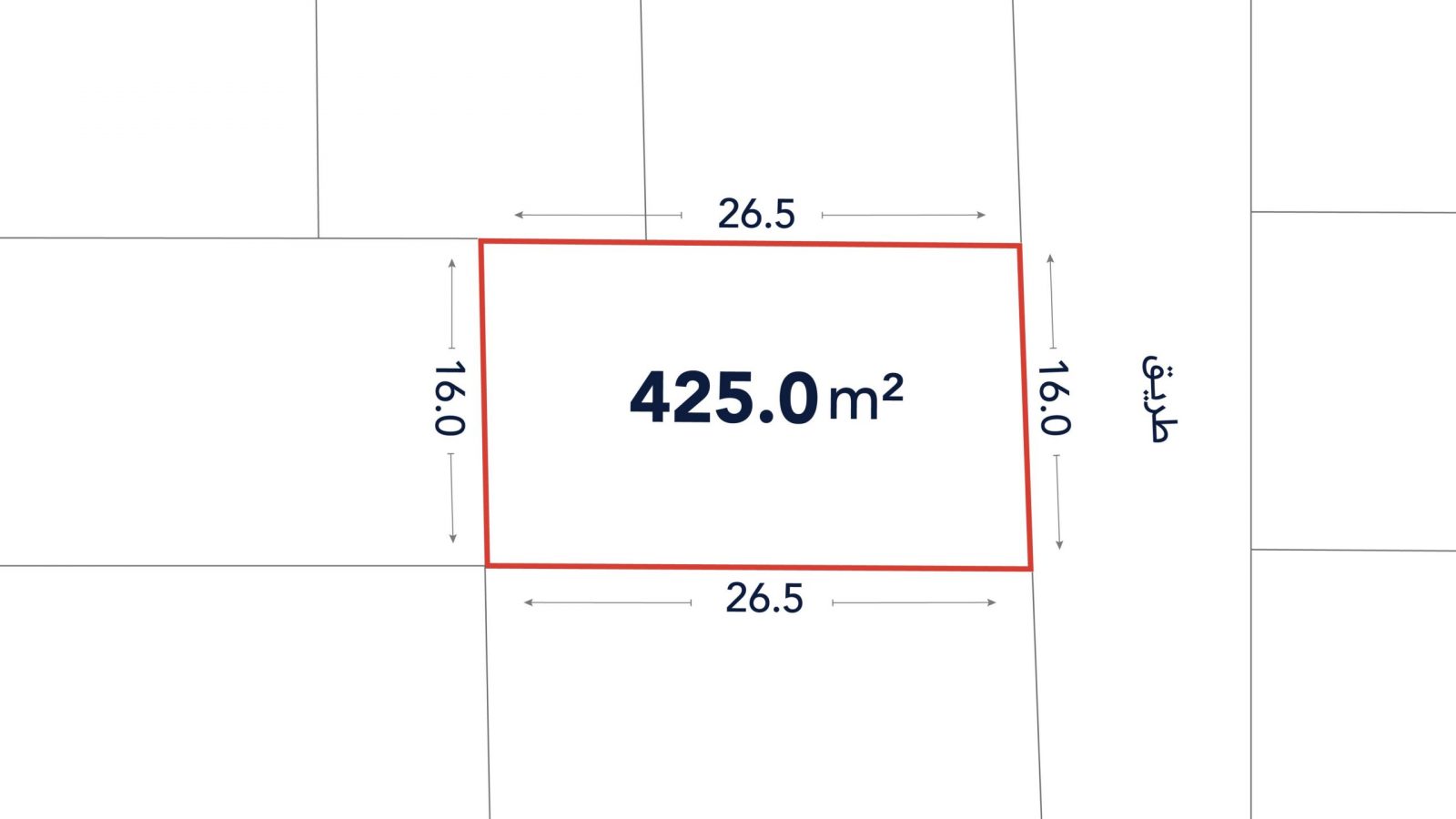A rectangular plot measuring 425.0 square meters with dimensions 26.5 meters by 16.0 meters, outlined in red on a site plan.