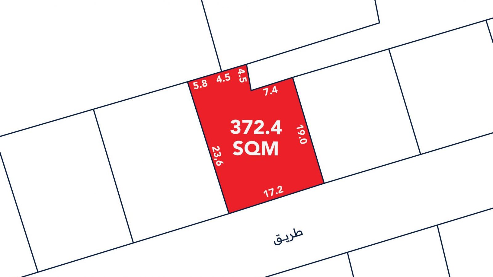 A red rectangular plot labeled "372.4 SQM" with black boundary dimensions, surrounded by white neighboring plots, and a street labeled "طريق" at the bottom.