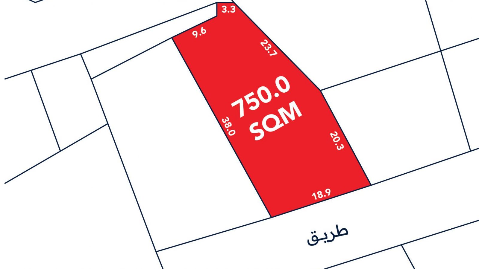 A red plot marked 750.0 SQM is shown between two labeled streets, with all side lengths indicated in meters on a simple line map.