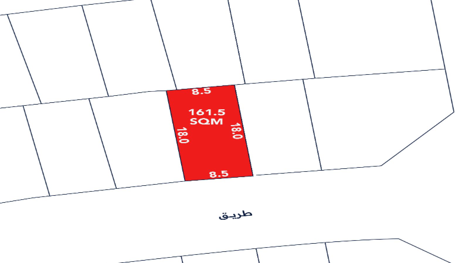 A rectangular land plot marked in red measures 161.5 square meters, with sides labeled 8.5 meters and 18 meters, situated along a street labeled "طريق".